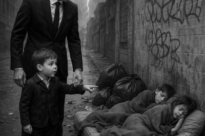 “¡Papá, esos niños en la basura se parecen a mí!”  El grito inocente de un pequeño detuvo en seco a un millonario acostumbrado a mirar el mundo desde lo alto.  Volteó, incrédulo, y vio a un grupo de niños hurgando entre desperdicios, con el mismo cabello, la misma mirada que su propio hijo.  El silencio cayó como un golpe.  Aquel instante no solo lo estremeció, también lo obligó a enfrentar un secreto enterrado… y cambió su vida para siempre.