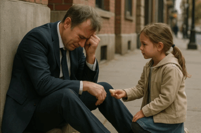 “Un millonario fue visto llorando solo en la acera, con el traje arrugado y la mirada perdida. Nadie se atrevió a acercarse… excepto una niña que le ofreció algo simple. Lo que ella le dijo cambió su forma de ver la vida, y su historia conmovió a todo el país.”